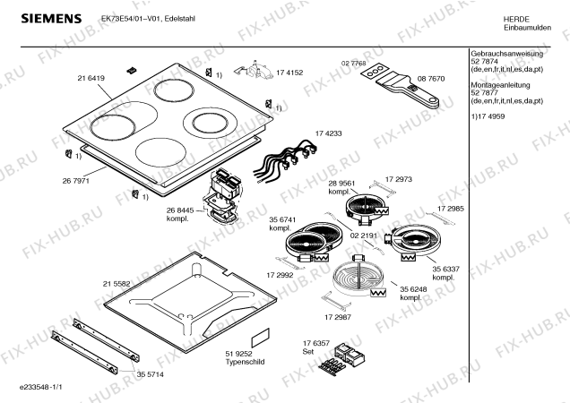 Схема №1 EK73E54 с изображением Стеклокерамика для электропечи Siemens 00216419