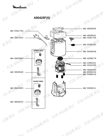 Взрыв-схема блендера (миксера) Moulinex A90425F(0) - Схема узла 0P001087.2P2