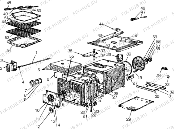 Взрыв-схема плиты (духовки) Indesit F3806ELM (F009116) - Схема узла