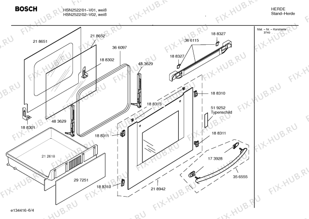 Схема №2 HSN2522 Bosch с изображением Фронтальное стекло для плиты (духовки) Bosch 00218942