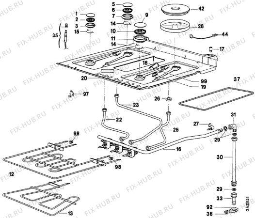 Взрыв-схема плиты (духовки) Faure CCT662M1 - Схема узла Oven and Top functional parts