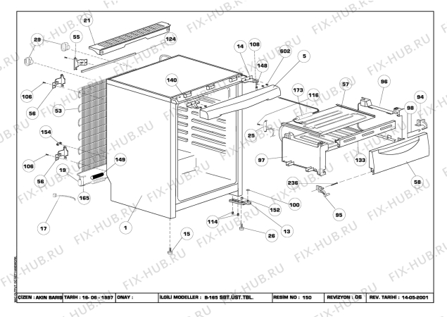 Взрыв-схема холодильника Beko BEKO RRN 1670 (6192483050) - CABINET ASSEMBLY( B-165 FIXED UPPER TABLE)