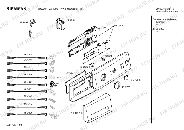 Схема №4 WXB1060GB SIWAMAT XB1060 с изображением Инструкция по эксплуатации для стиральной машины Siemens 00529532