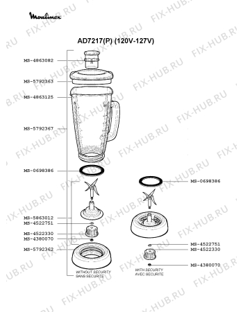 Взрыв-схема блендера (миксера) Moulinex AD7217(P) - Схема узла 6P001253.4P2