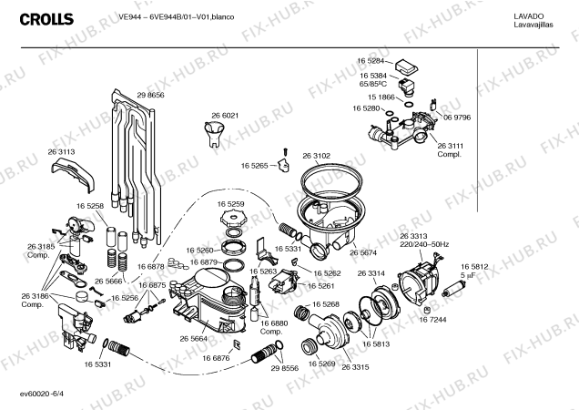 Взрыв-схема посудомоечной машины Crolls 6VE944B VE944 - Схема узла 04
