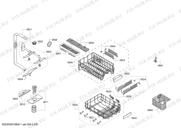 Схема №4 S58M53X1EU с изображением Корзина для посуды для электропосудомоечной машины Bosch 00687116