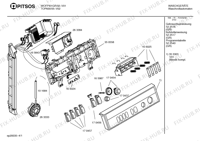 Схема №1 WOFPI02GR PITSOS TOP 750 с изображением Крышка для стиралки Bosch 00214516