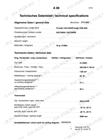 Взрыв-схема холодильника Aeg ARC1243-4GS - Схема узла Technical features