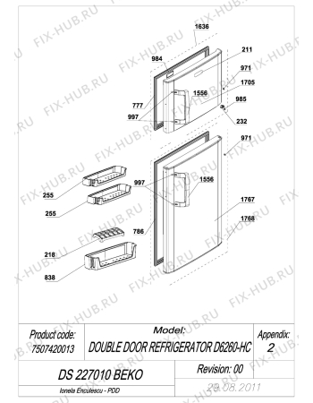 Взрыв-схема холодильника Beko BEKO DS 227010 (7507420013) - EXPLODED VIEW DOORS DS 227010 BEKO