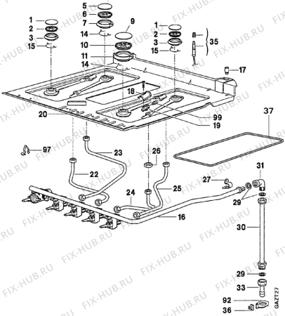 Взрыв-схема плиты (духовки) Faure CCG626M1 - Схема узла Oven and Top functional parts