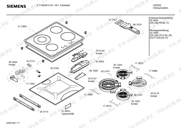 Схема №1 ET72850CC с изображением Стеклокерамика для плиты (духовки) Siemens 00215369