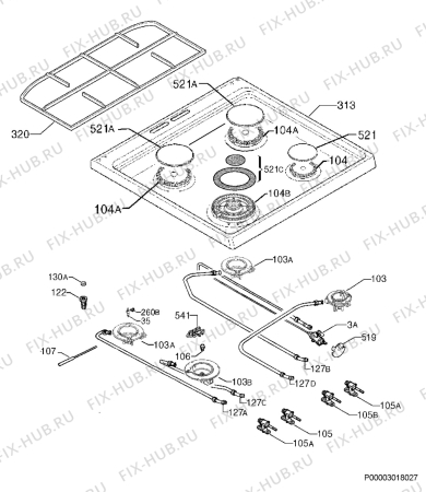 Взрыв-схема плиты (духовки) Electrolux EKG601301W - Схема узла Hob