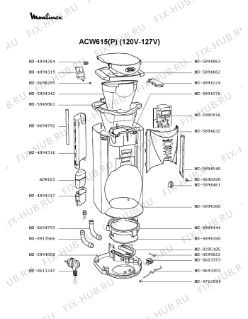 Взрыв-схема кофеварки (кофемашины) Moulinex ACW615(P) - Схема узла RP001586.7P2