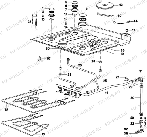 Взрыв-схема плиты (духовки) Faure CCT685M1 - Схема узла Oven and Top functional parts