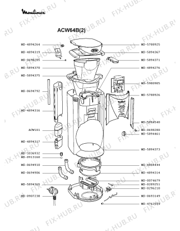 Взрыв-схема кофеварки (кофемашины) Moulinex ACW64B(2) - Схема узла 6P001588.2P2