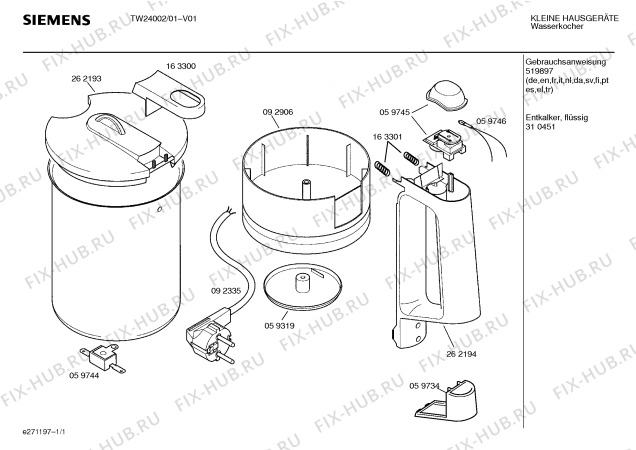 Схема №1 TW24002 с изображением Инструкция по эксплуатации для чайника (термопота) Siemens 00519897