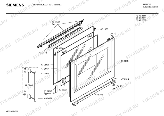 Схема №4 HB76R650F с изображением Фронтальное стекло для электропечи Siemens 00473108