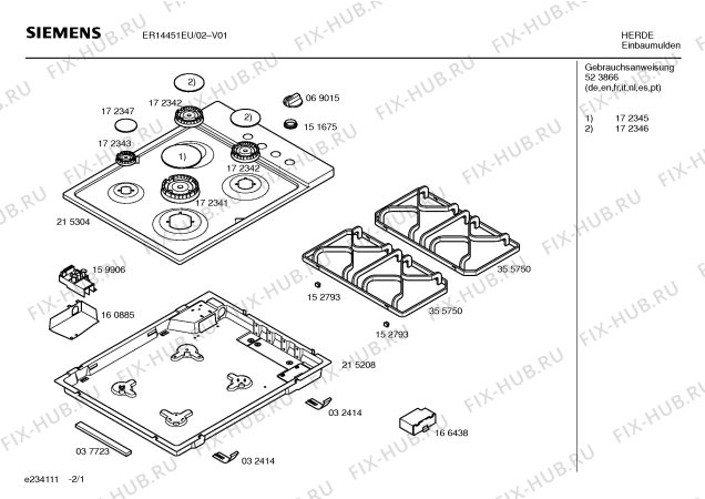 Схема №2 ER14451EU с изображением Столешница для плиты (духовки) Siemens 00215304