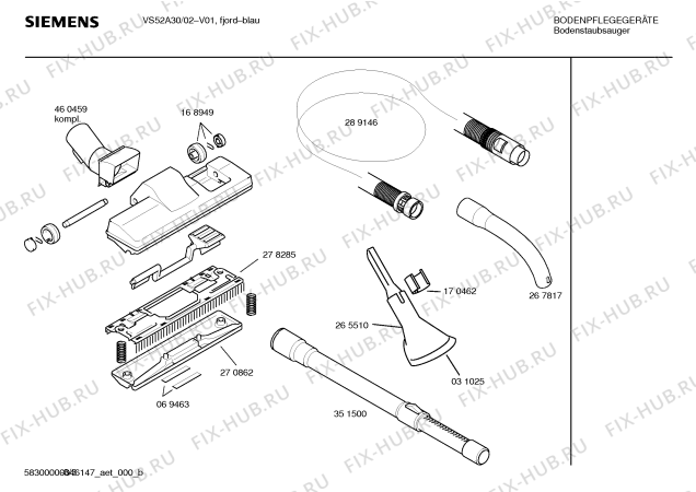 Взрыв-схема пылесоса Siemens VS52A30 DINO 1500W - Схема узла 03