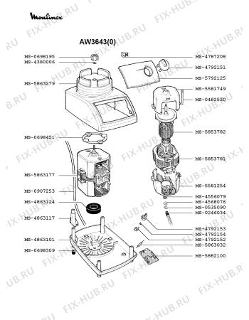 Взрыв-схема блендера (миксера) Moulinex AW3643(0) - Схема узла 0P001339.2P2