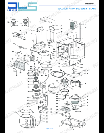 Схема №1 BCO261B.1 с изображением Часть корпуса для электрокофеварки DELONGHI 5913215511