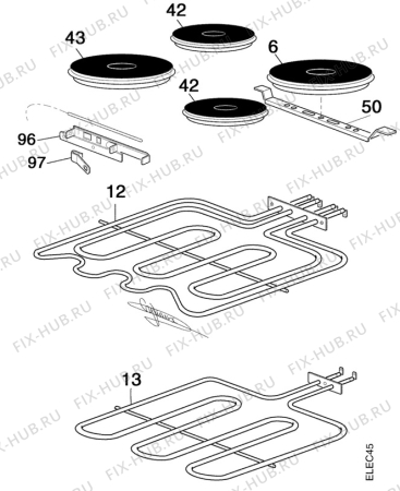 Взрыв-схема плиты (духовки) Faure CEP682W - Схема узла Oven and Top functional parts