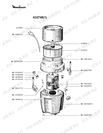 Взрыв-схема блендера (миксера) Moulinex A32748(1) - Схема узла QP001165.4P3