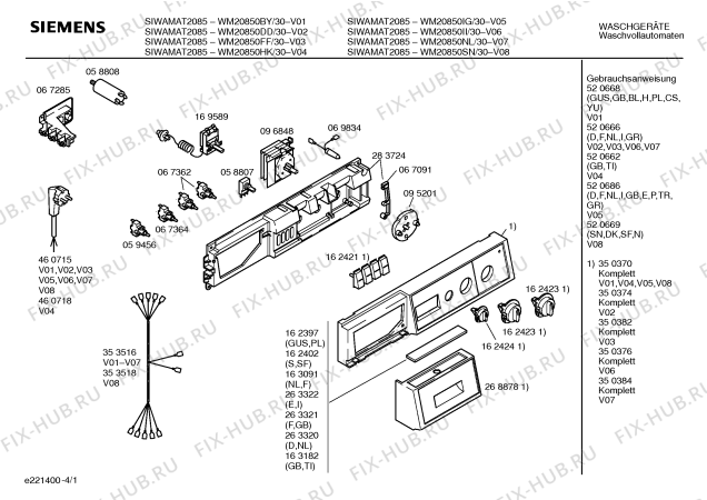 Схема №3 WM20850HK SIWAMAT 2085 с изображением Таблица программ для стиралки Siemens 00263322
