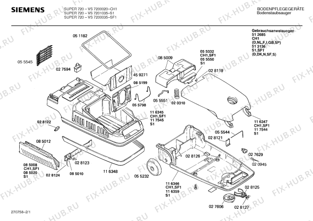 Схема №2 VS7212035 SUPER 721 ELECTRONIC с изображением Крышка для электропылесоса Bosch 00085008