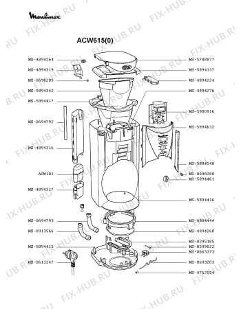 Взрыв-схема кофеварки (кофемашины) Moulinex ACW615(0) - Схема узла QP001593.8P2