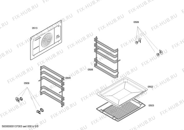 Взрыв-схема плиты (духовки) Bosch HBA13B150A H.BO.NP.LHA.IN.GLASS.B1/.X.E0_C/// - Схема узла 05