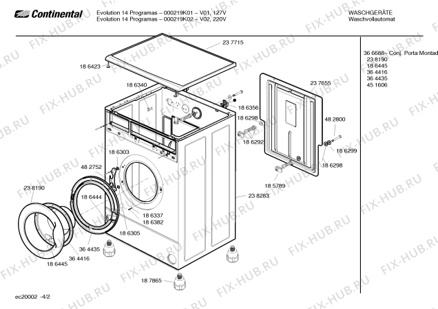 Взрыв-схема стиральной машины Continental 000219K02 EVOLUTION THERMO - Схема узла 02