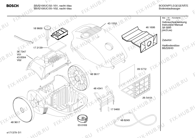Схема №2 BSA2100UC Compact plus 1200W/11Amps с изображением Верхняя часть корпуса для пылесоса Bosch 00367347