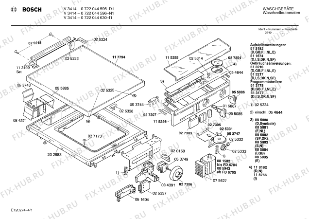 Схема №1 0722044630 V3414 с изображением Таблица программ для стиралки Bosch 00513178