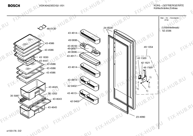 Схема №3 KS40R421FF с изображением Дверь для холодильной камеры Bosch 00240530
