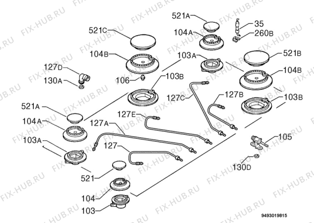Взрыв-схема плиты (духовки) Rex Electrolux PX75A - Схема узла Functional parts 267