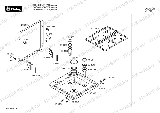 Взрыв-схема плиты (духовки) Balay 3CS400N - Схема узла 03