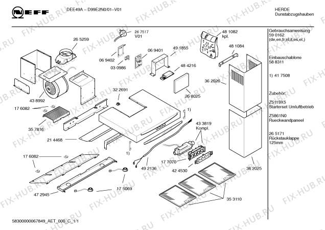 Схема №1 D99E2N0 с изображением Инструкция по установке и эксплуатации для электровытяжки Bosch 00590162