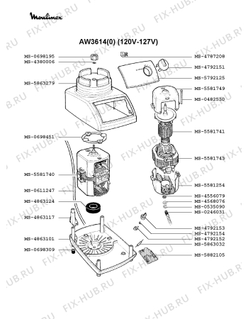 Взрыв-схема блендера (миксера) Moulinex AW3614(0) - Схема узла 5P001336.1P2