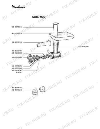 Взрыв-схема мясорубки Moulinex ADR746(0) - Схема узла 6P001055.4P2