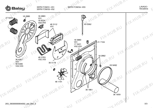 Взрыв-схема сушильной машины Balay 3SP817CM, Balay SP817 - Схема узла 03