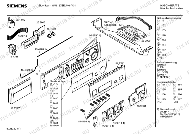 Схема №5 WM61201SN SIWAMAT 6120 с изображением Таблица программ для стиралки Siemens 00521384