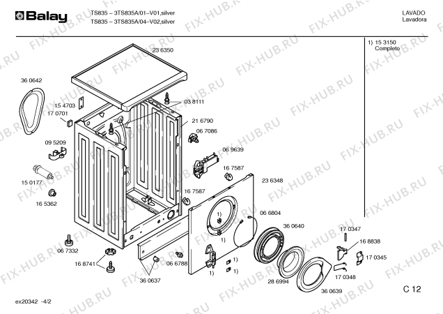 Схема №3 3TS835A TS835 с изображением Крышка для стиралки Bosch 00236350