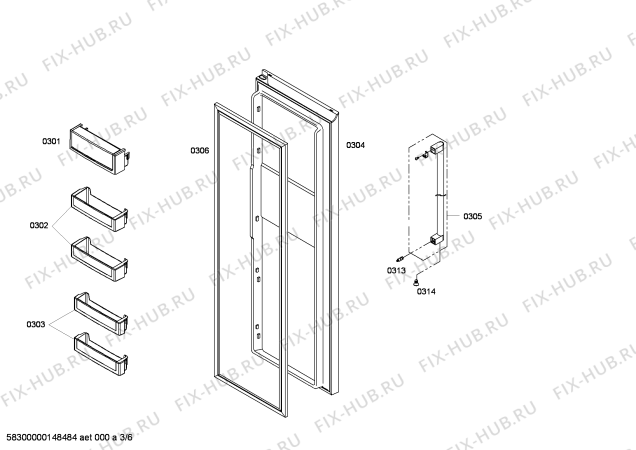 Схема №6 KANKB890 с изображением Дверь для холодильника Bosch 00246344