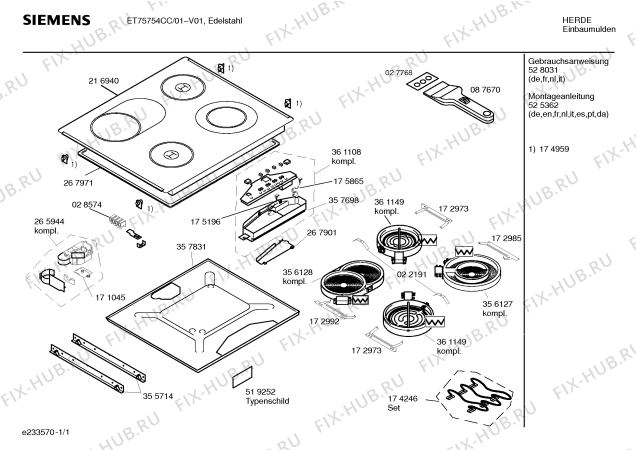 Схема №1 ET75754CC с изображением Инструкция по эксплуатации для духового шкафа Siemens 00528031
