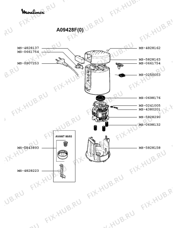 Взрыв-схема блендера (миксера) Moulinex A09428F(0) - Схема узла 0P001101.6P2