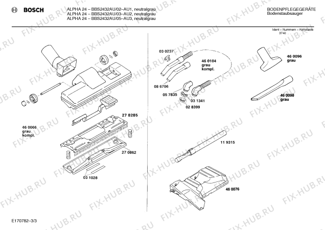 Схема №3 BBS2432AU ALPHA 24 с изображением Верхняя часть корпуса для пылесоса Bosch 00272754