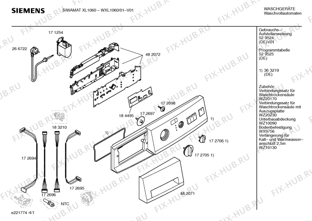 Схема №4 WXL1060 SIWAMAT XL1060 с изображением Таблица программ для стиралки Siemens 00529525