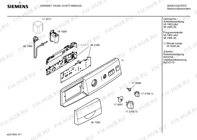 Схема №4 S1WTF3900A SIWAMAT XS436 с изображением Панель управления для стиралки Siemens 00359520