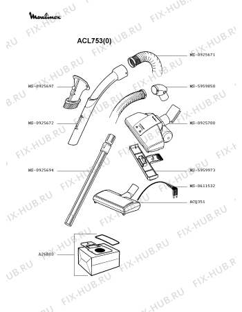Взрыв-схема пылесоса Moulinex ACL753(0) - Схема узла 0P002232.0P3